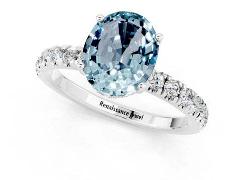 White gold Oval Cut Aquamarine Pave Band Solitaire Ring with Four-Prong Setting_25