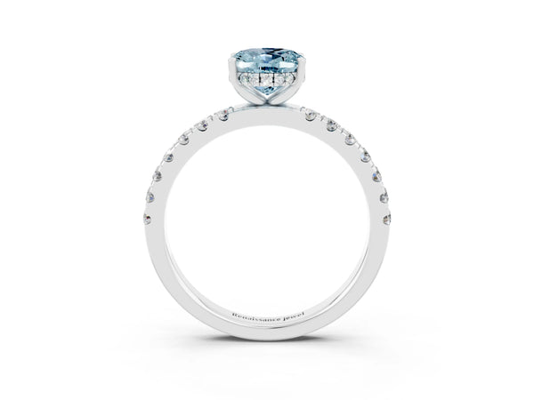 Silver Oval Cut Aquamarine Pave Band Solitaire Ring with Round  and Prong Setting