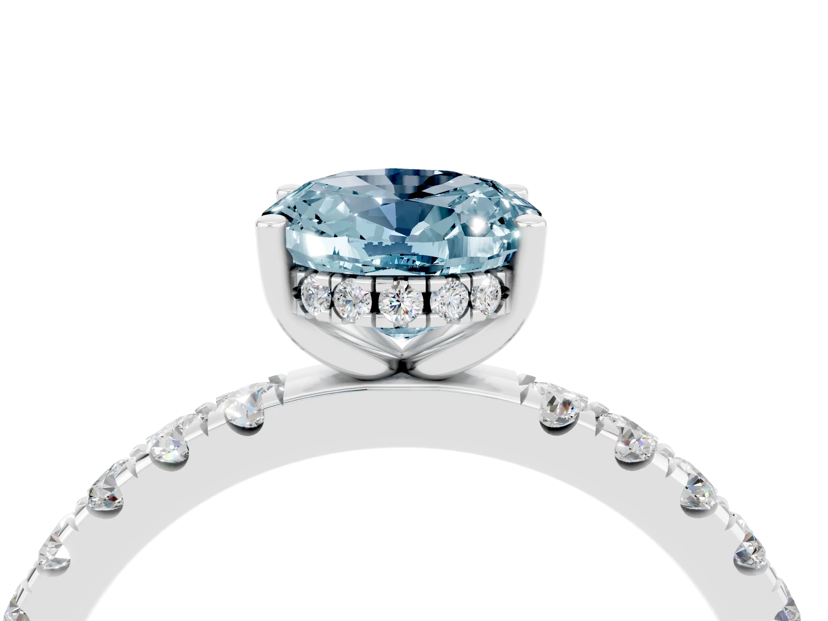 White gold Oval Cut Aquamarine Pave Band Solitaire Ring with Four-Prong Setting_28