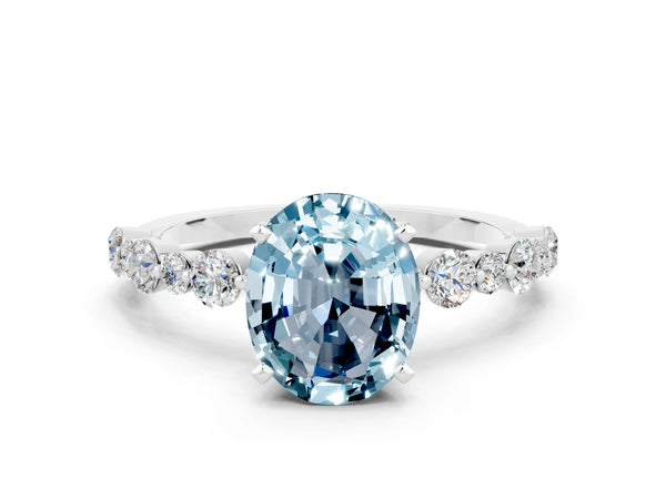Platinum Oval Cut Aquamarine Prong Set Engagement Ring with Pavé Band