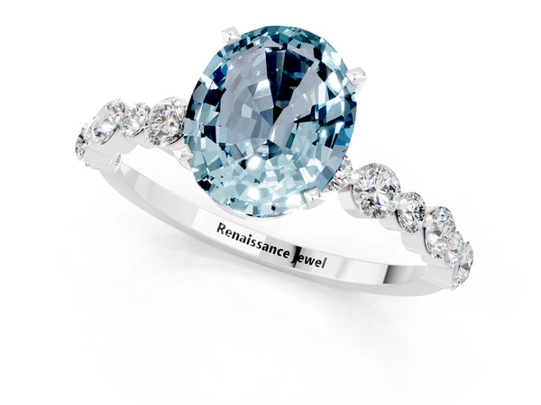Platinum Oval Cut Aquamarine Prong Set Engagement Ring with Pavé Band