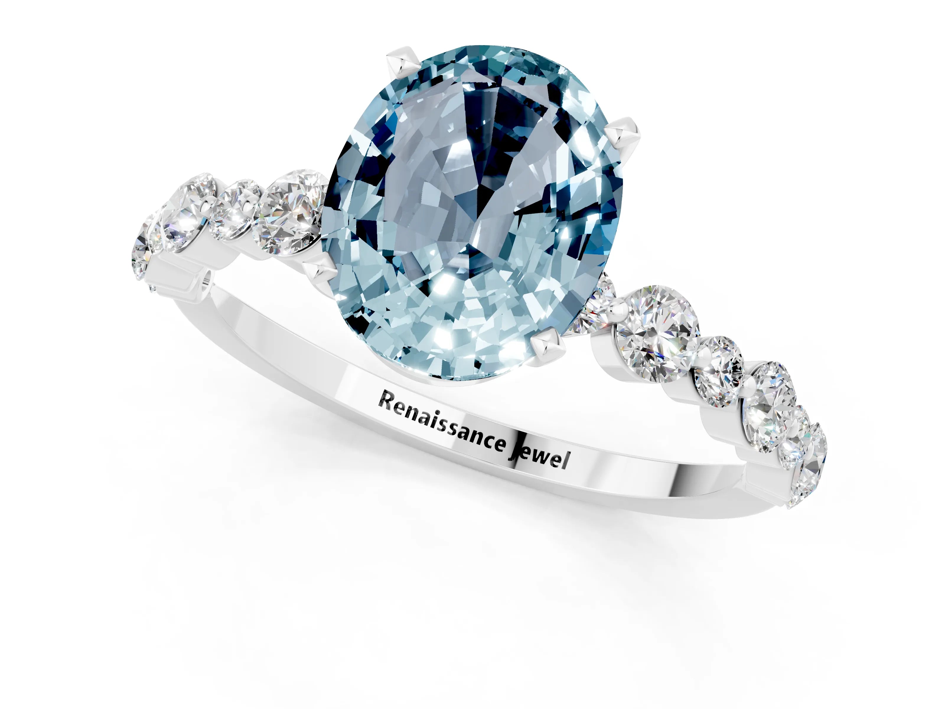 White gold Oval Cut Aquamarine Prong Set Engagement Ring with Pavé Band_1
