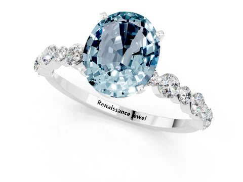 White gold Oval Cut Aquamarine Prong Set Engagement Ring with Pavé Band_1