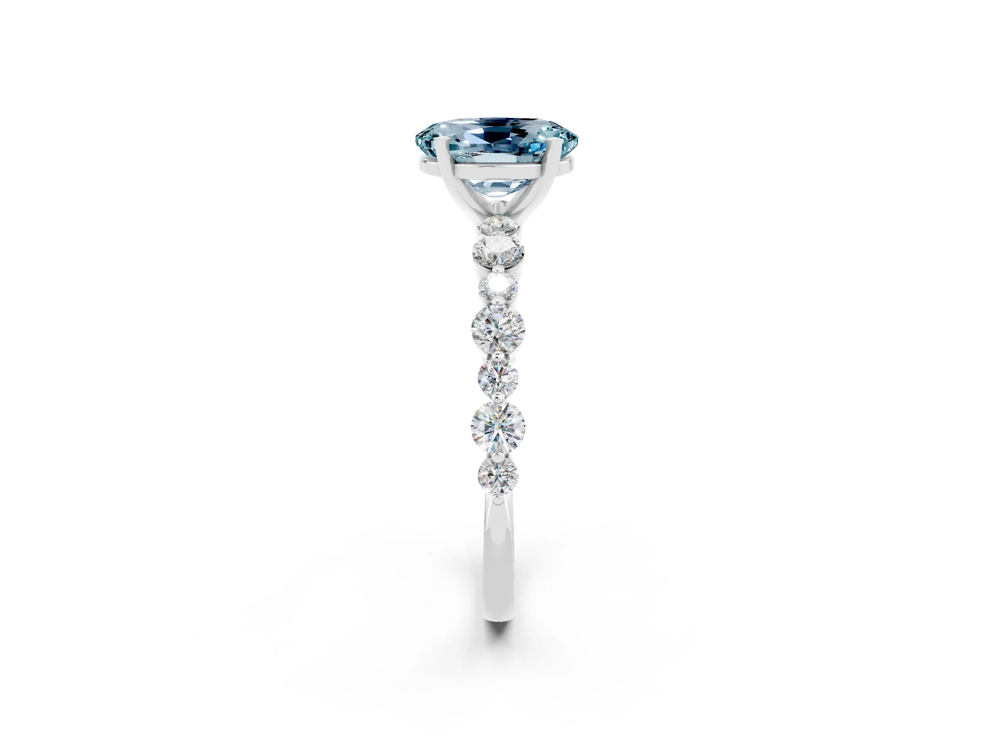 White gold Oval Cut Aquamarine Prong Set Engagement Ring with Pavé Band_2