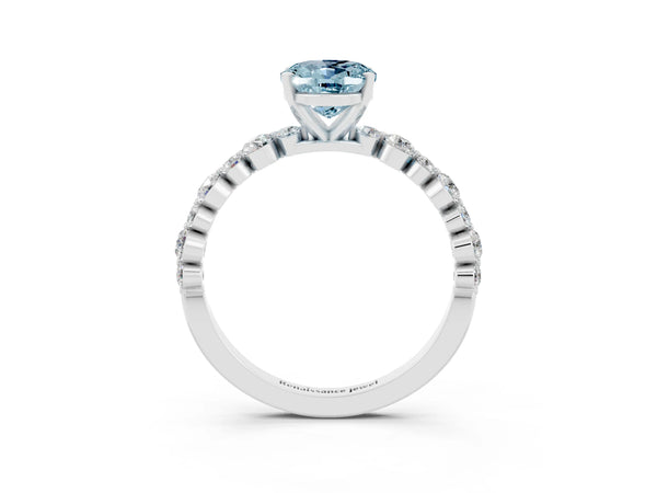 Silver Oval Cut Aquamarine Prong Set Engagement Ring with Pavé Band