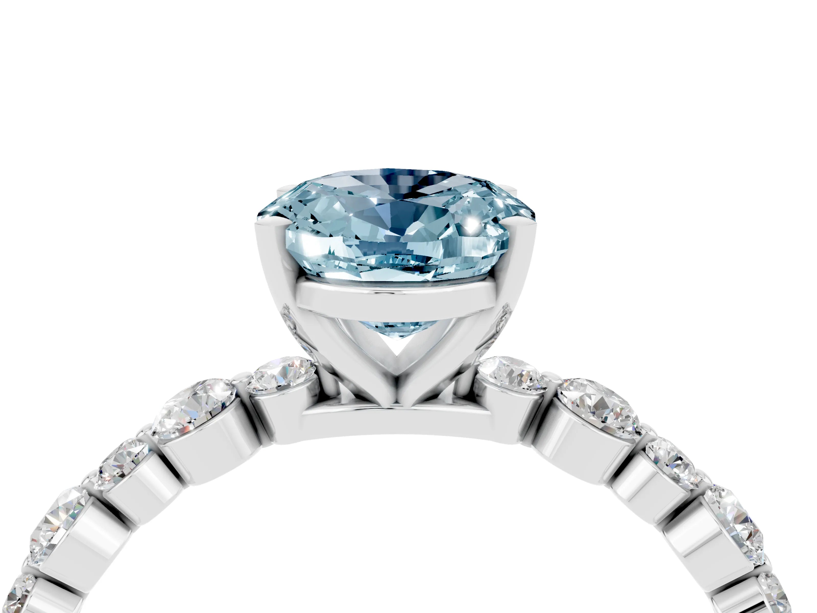 White gold Oval Cut Aquamarine Prong Set Engagement Ring with Pavé Band_4