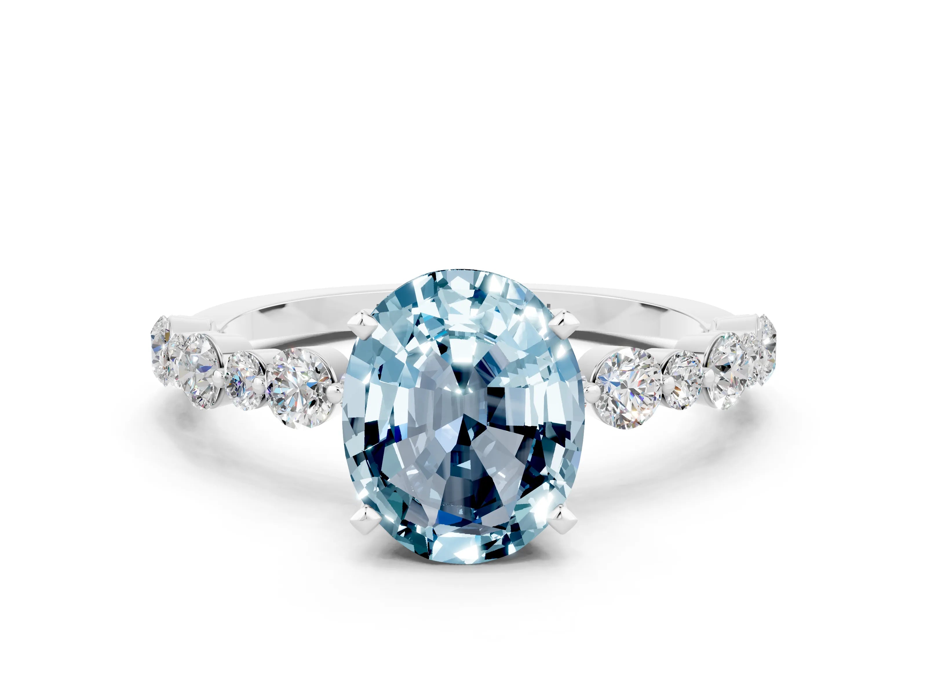 White gold Oval Cut Aquamarine Prong Set Engagement Ring with Pavé Band