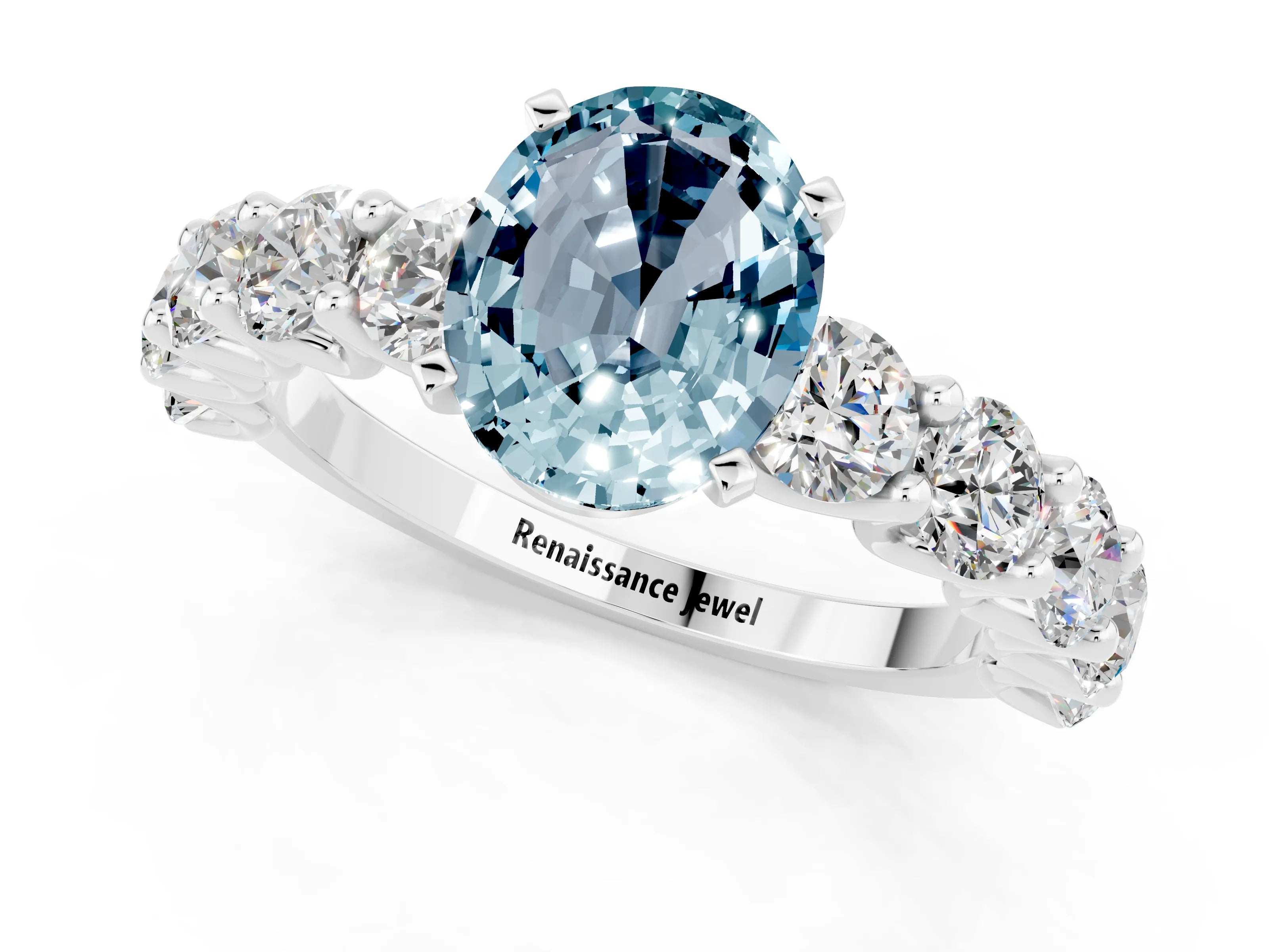 White gold Oval Cut Aquamarine Prong Setting with Side Stones on a Pave Band_1