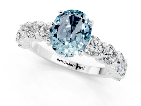 White gold Oval Cut Aquamarine Prong Setting with Side Stones on a Pave Band_1