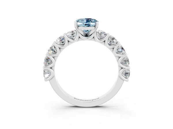Platinum Oval Cut Aquamarine Prong Setting with Side Stones on a Pave Band
