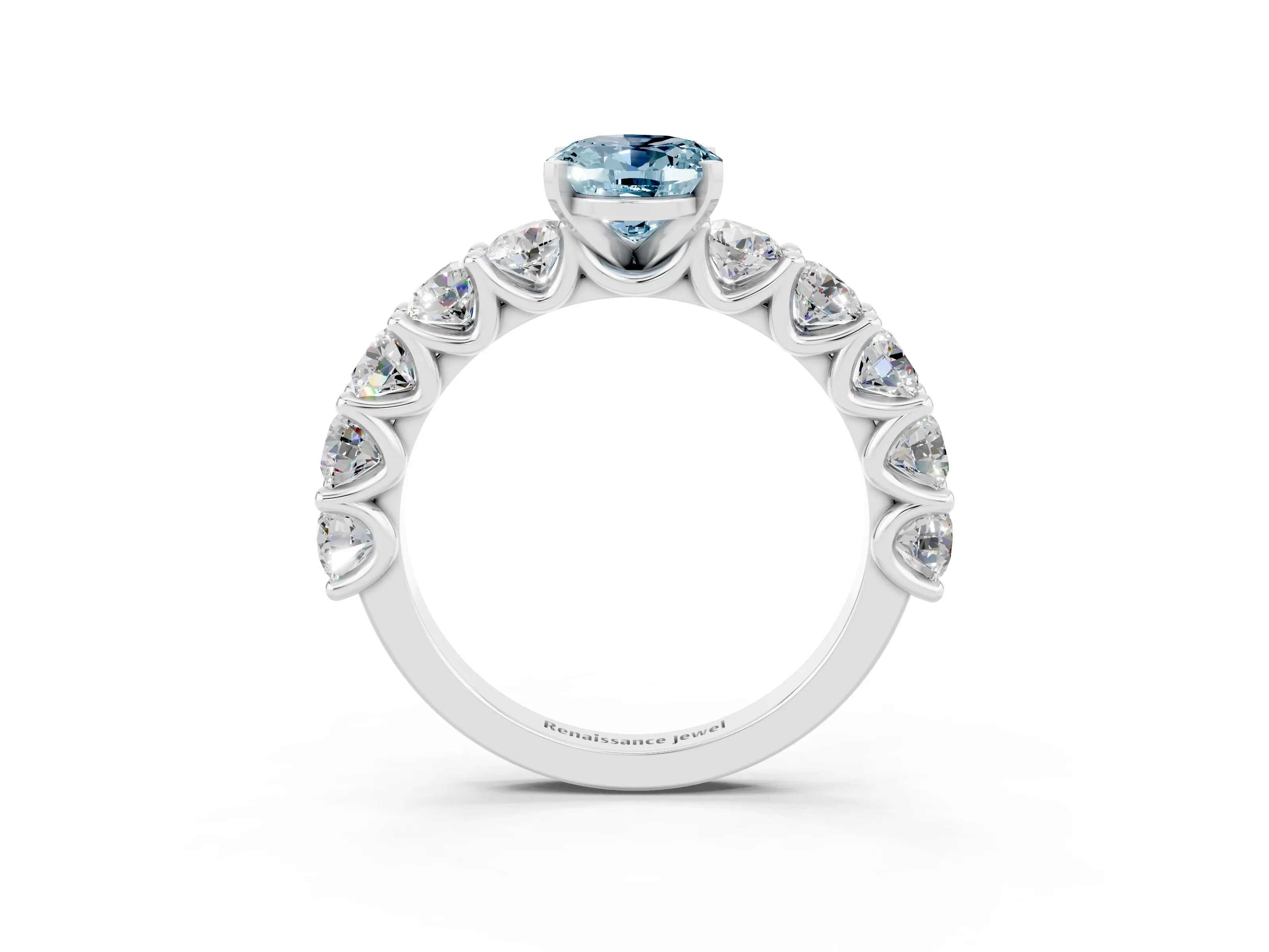 White gold Oval Cut Aquamarine Prong Setting with Side Stones on a Pave Band_3