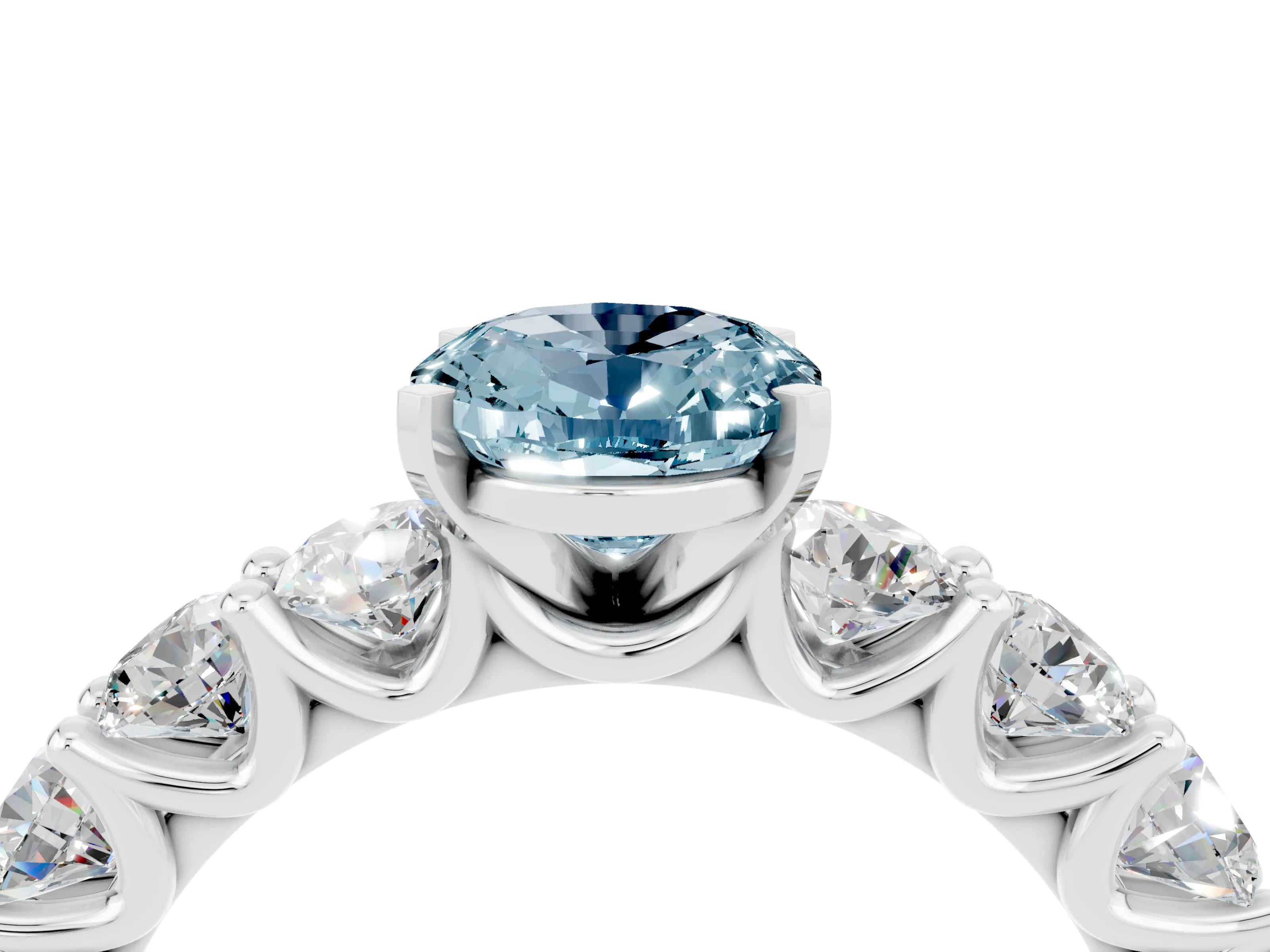 White gold Oval Cut Aquamarine Prong Setting with Side Stones on a Pave Band_4