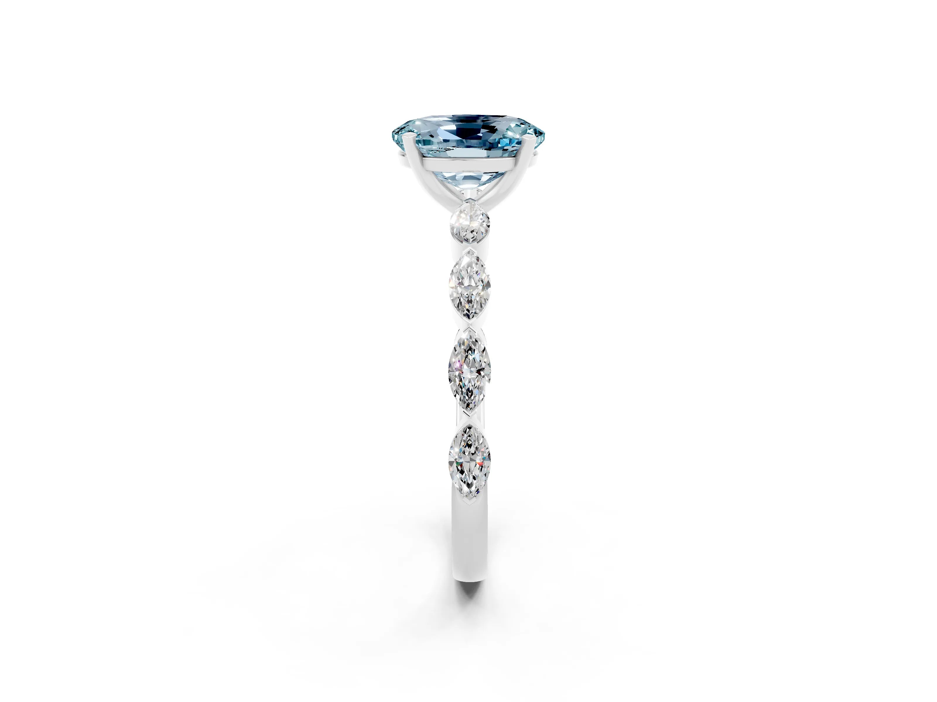White gold Oval Cut Aquamarine Ring with Marquise Side Stones and Prong Setting_2