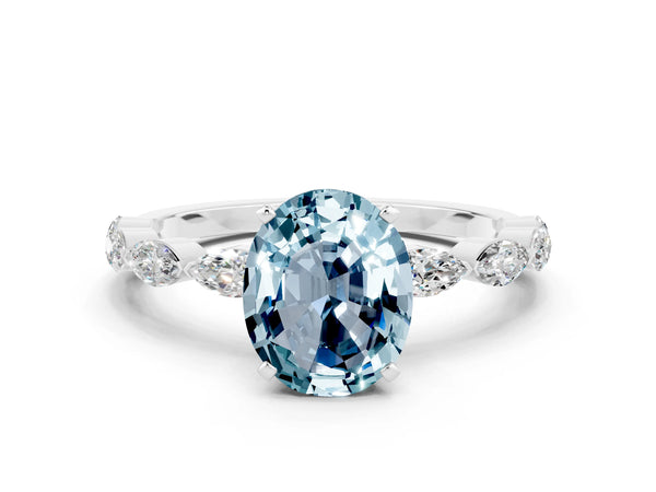 Silver Oval Cut Aquamarine Ring with Marquise Side Stones and Prong Setting