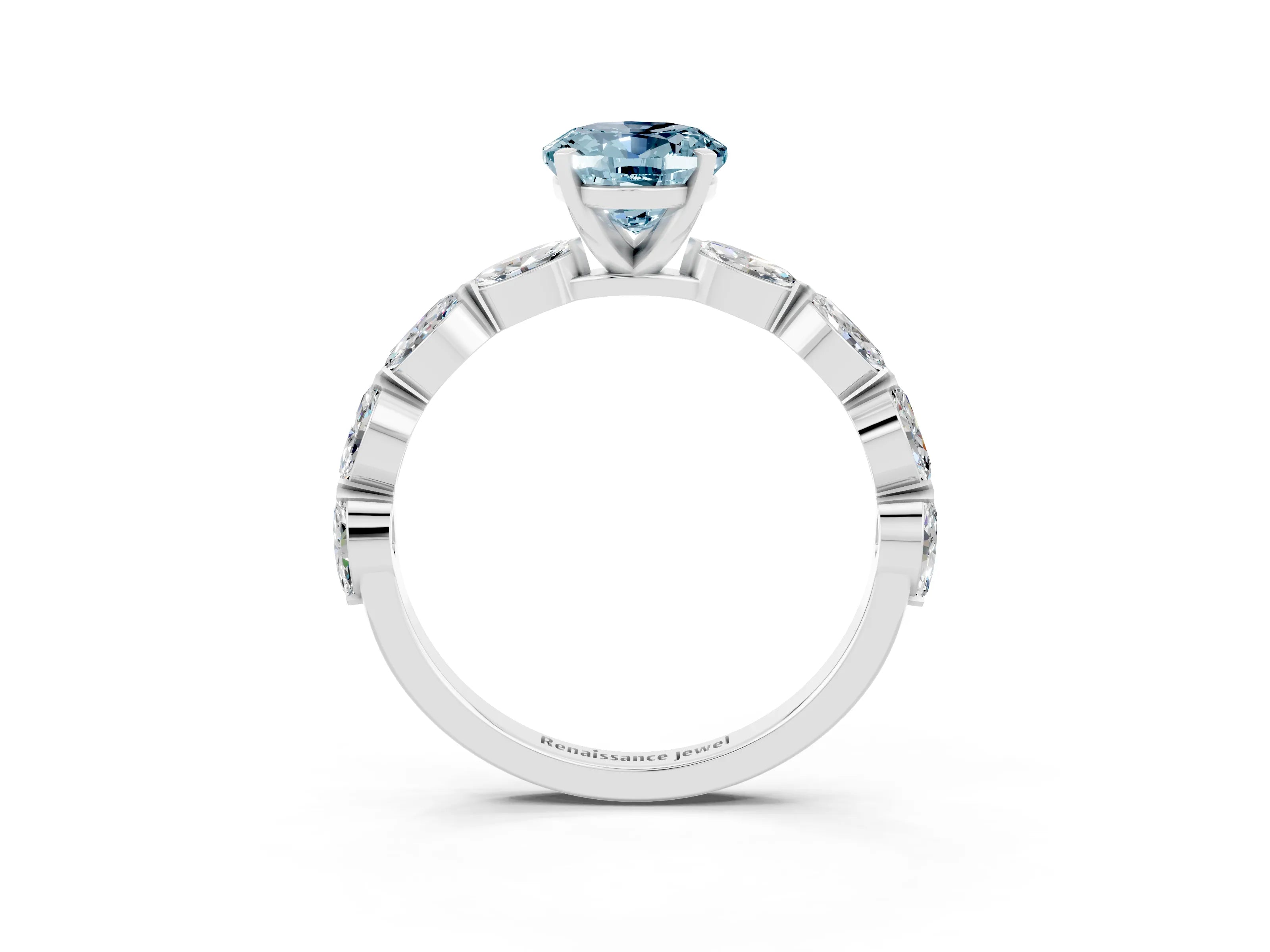 White gold Oval Cut Aquamarine Ring with Marquise Side Stones and Prong Setting_3