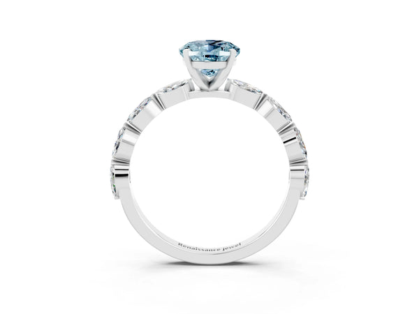 White gold Oval Cut Aquamarine Ring with Marquise Side Stones and Prong Setting