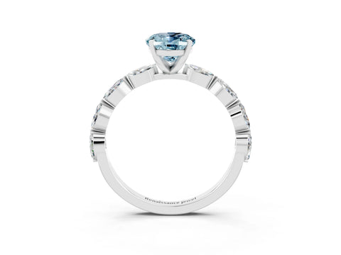 White gold Oval Cut Aquamarine Ring with Marquise Side Stones and Prong Setting_3