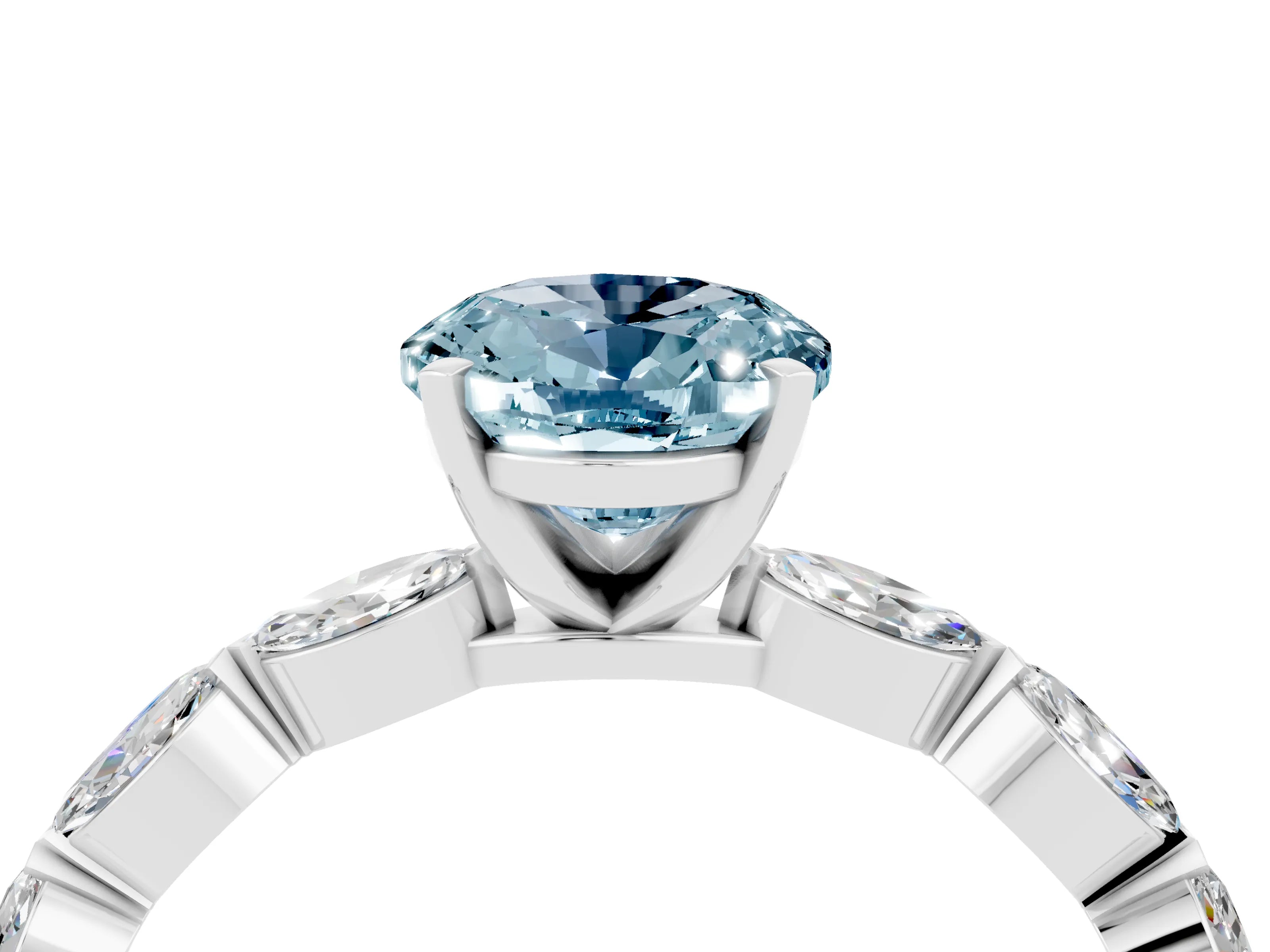 White gold Oval Cut Aquamarine Ring with Marquise Side Stones and Prong Setting_4