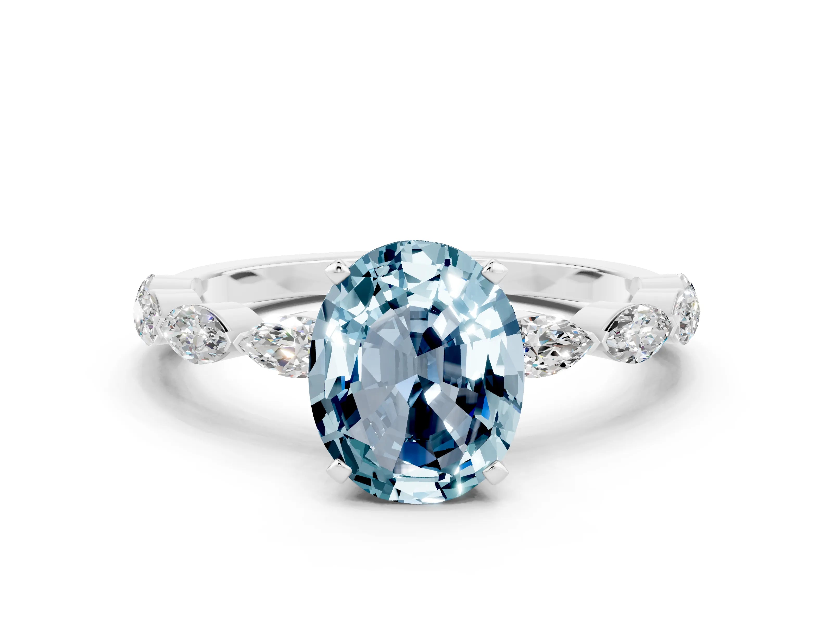 White gold Oval Cut Aquamarine Ring with Marquise Side Stones and Prong Setting