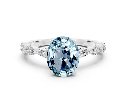 White gold Oval Cut Aquamarine Ring with Marquise Side Stones and Prong Setting