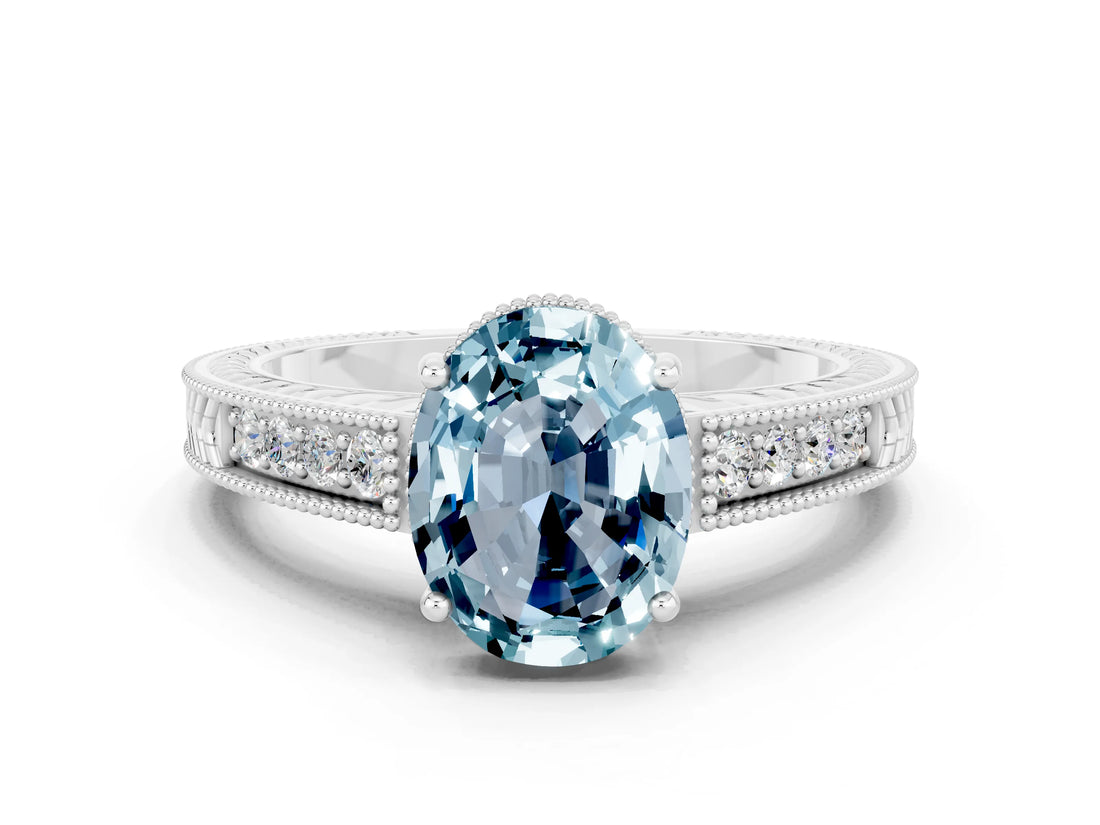 White gold Oval Cut Aquamarine Ring with Milgrain Pavé Band and Four-Prong Setting_12