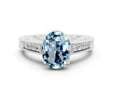 White gold Oval Cut Aquamarine Ring with Milgrain Pavé Band and Four-Prong Setting_12