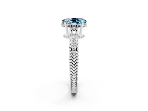 White gold Oval Cut Aquamarine Ring with Milgrain Pavé Band and Four-Prong Setting_14