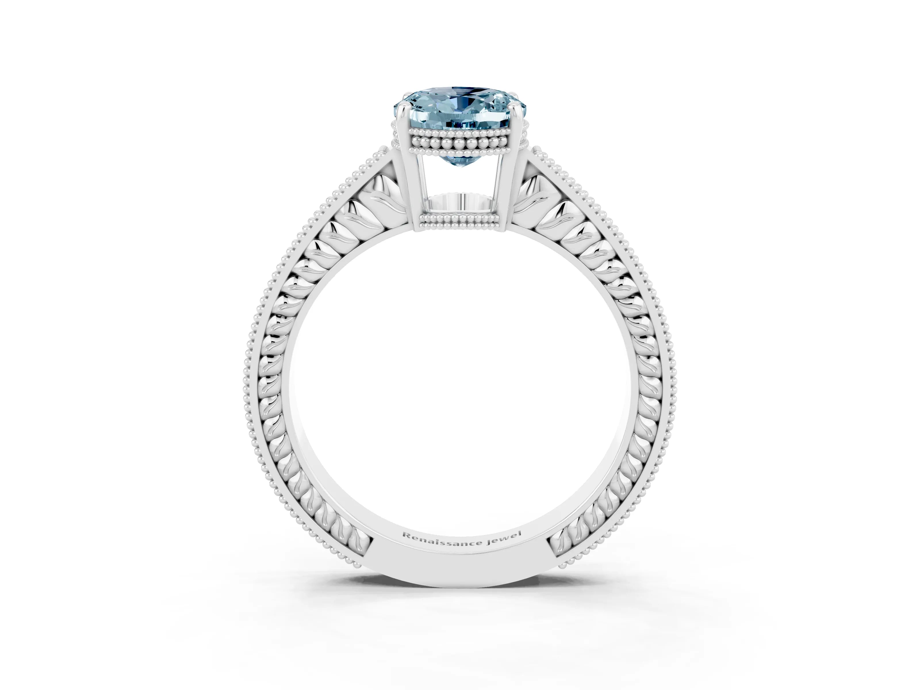 White gold Oval Cut Aquamarine Ring with Milgrain Pavé Band and Four-Prong Setting_15