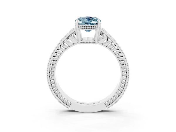 White gold Oval Cut Aquamarine Ring with Milgrain Pavé Band and Four-Prong Setting