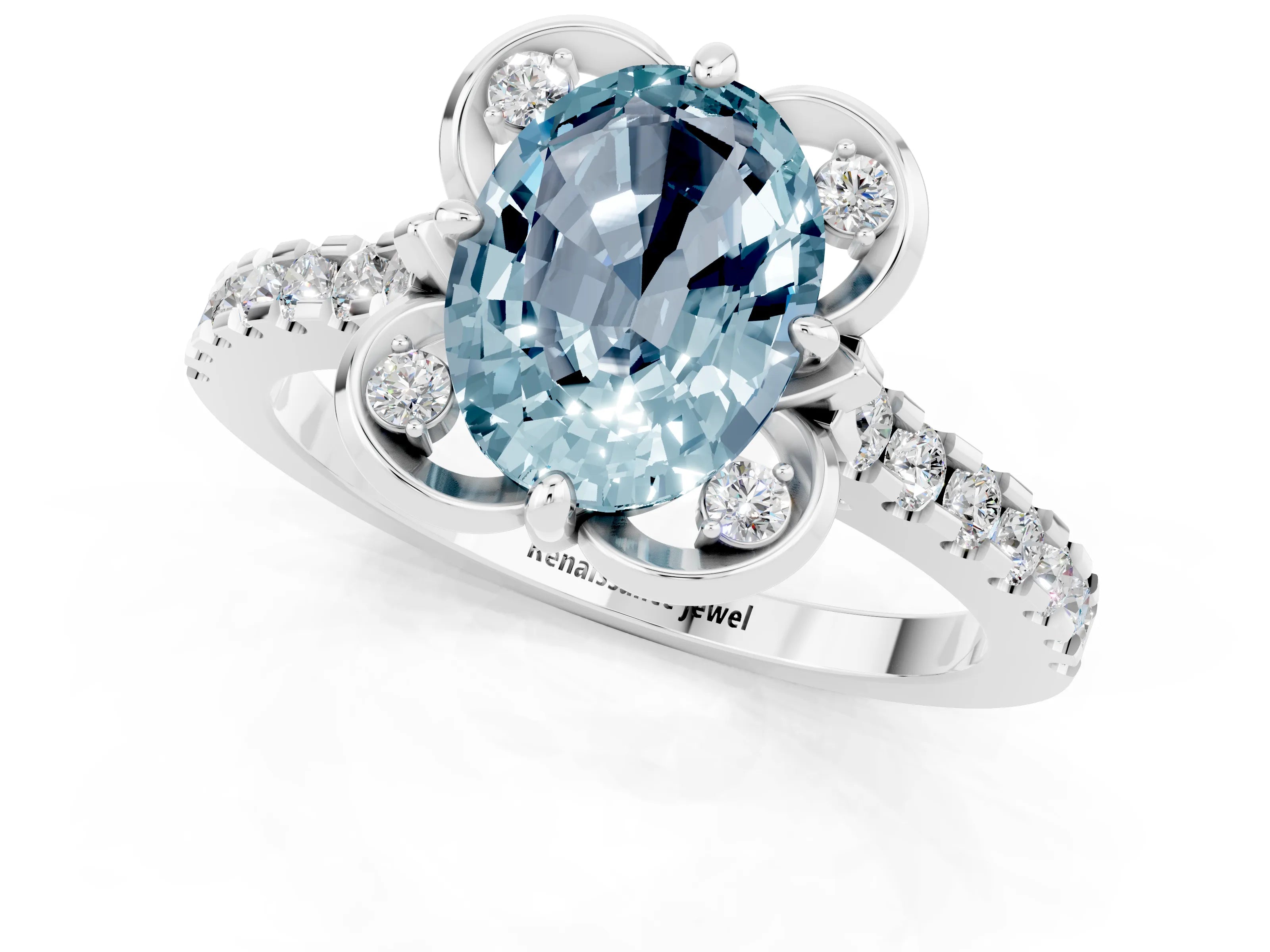White gold Oval Cut Aquamarine Ring with Pavé Band and Floral Prong Setting_1