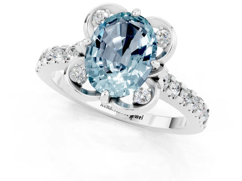 White gold Oval Cut Aquamarine Ring with Pavé Band and Floral Prong Setting_1