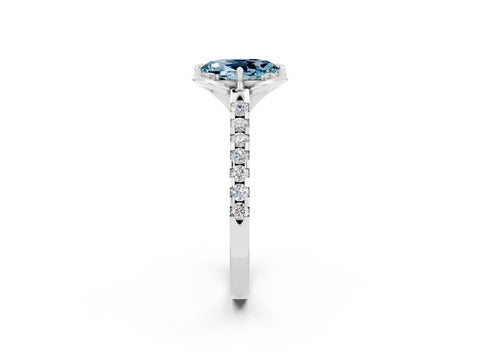 White gold Oval Cut Aquamarine Ring with Pavé Band and Floral Prong Setting_2