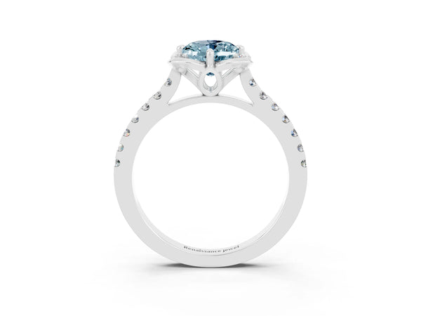 Platinum Oval Cut Aquamarine Ring with Pavé Band and Floral Prong Setting