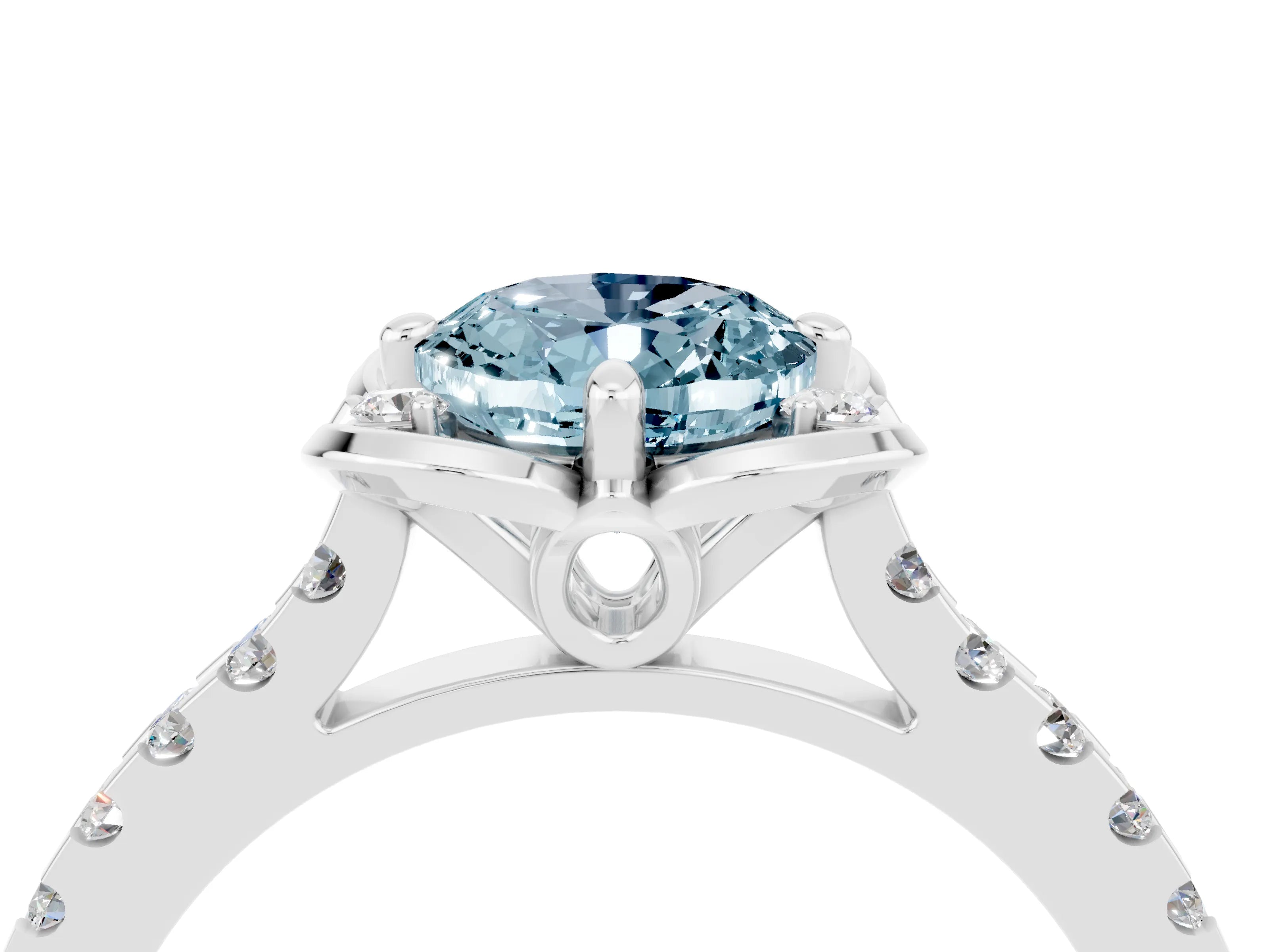White gold Oval Cut Aquamarine Ring with Pavé Band and Floral Prong Setting_4
