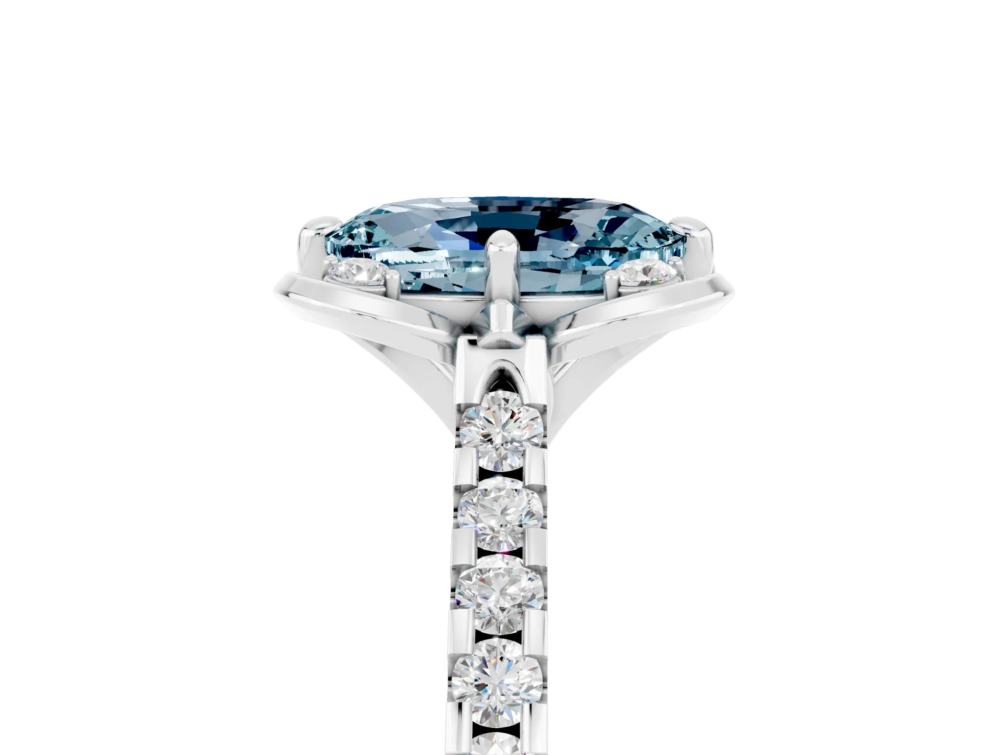 White gold Oval Cut Aquamarine Ring with Pavé Band and Floral Prong Setting_5