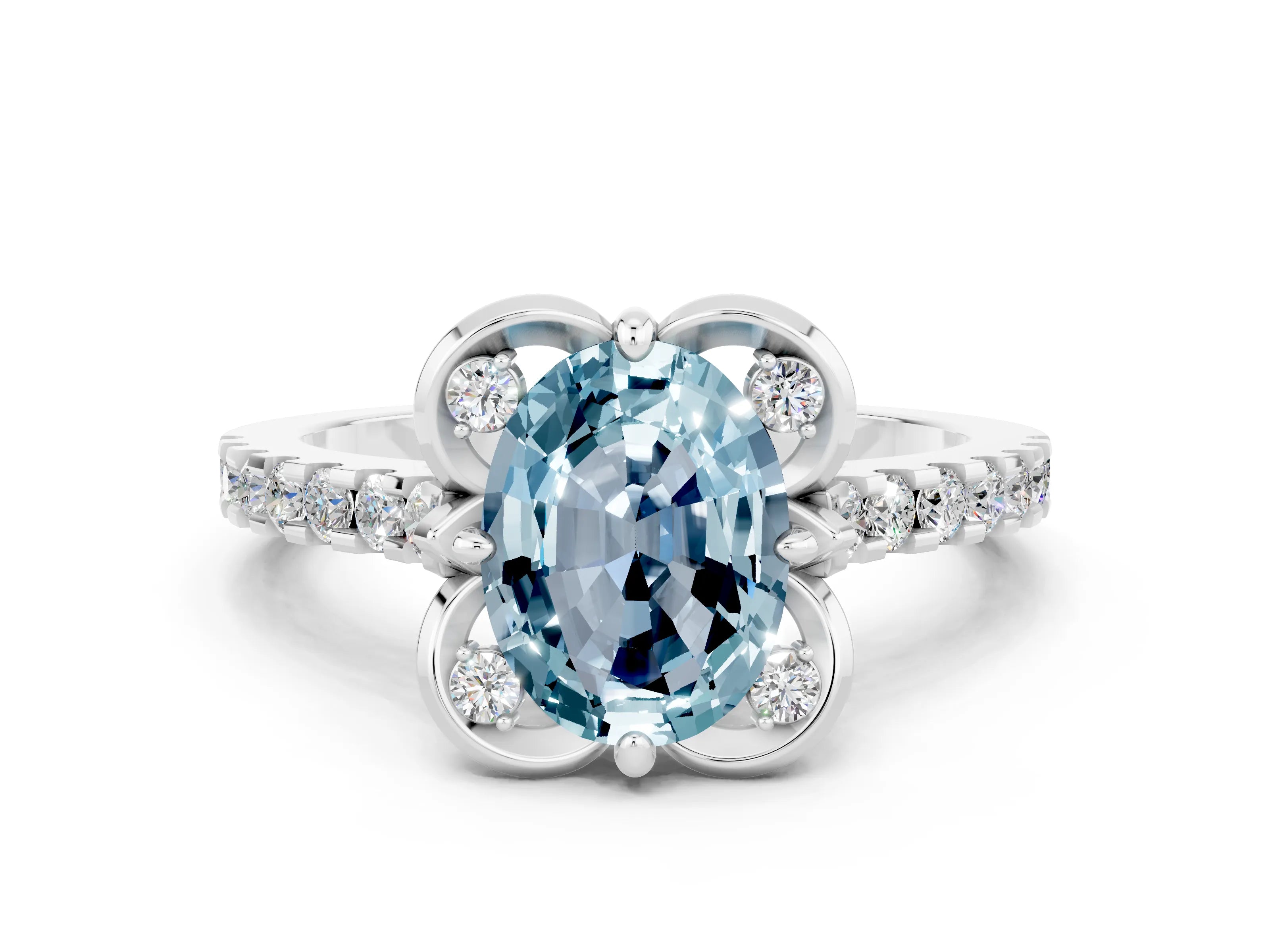 White gold Oval Cut Aquamarine Ring with Pavé Band and Floral Prong Setting