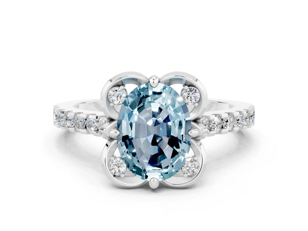 White gold Oval Cut Aquamarine Ring with Pavé Band and Floral Prong Setting
