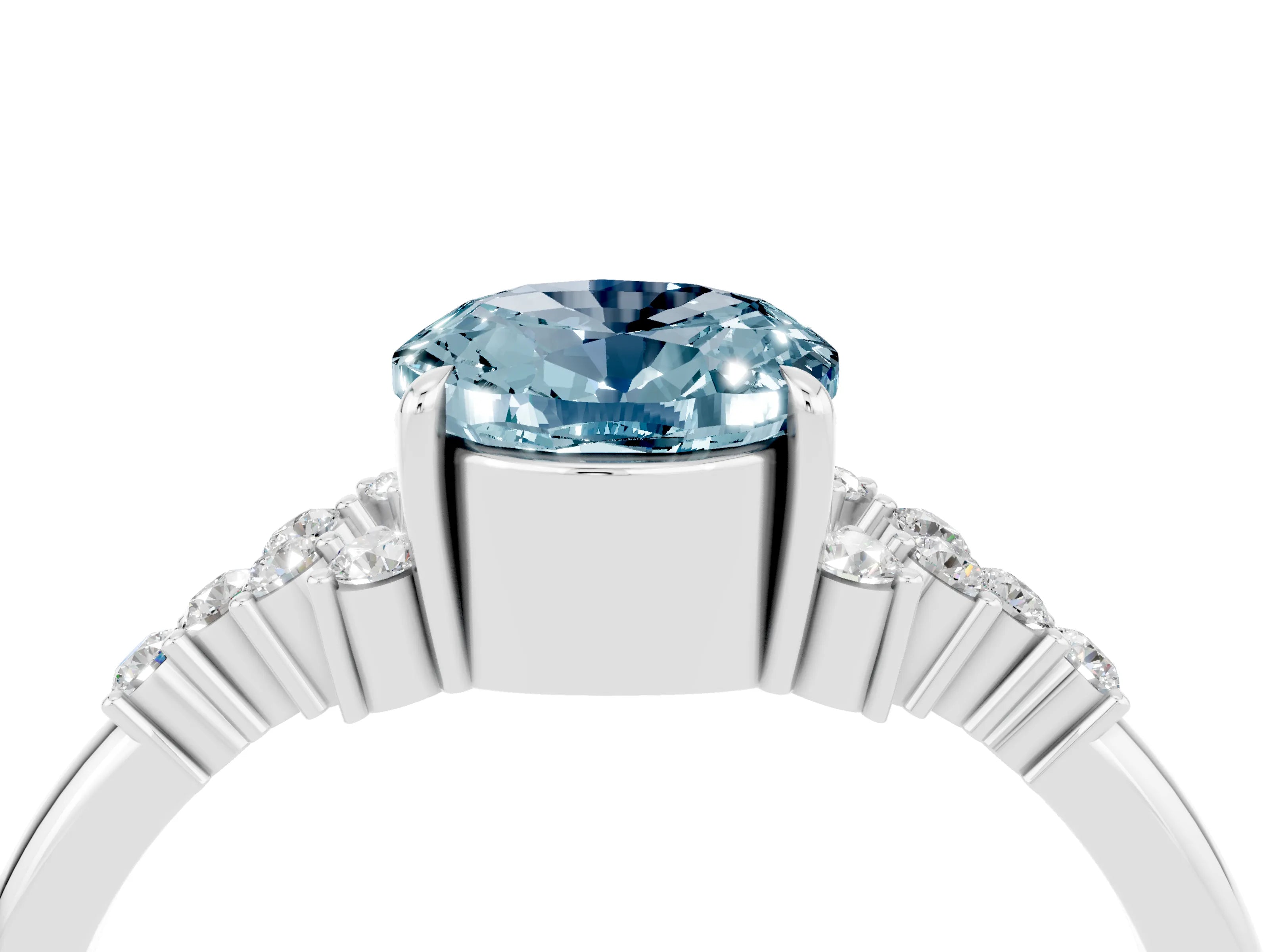 White gold Oval Cut Aquamarine Ring with Side Stones and Four-Prong Setting_100