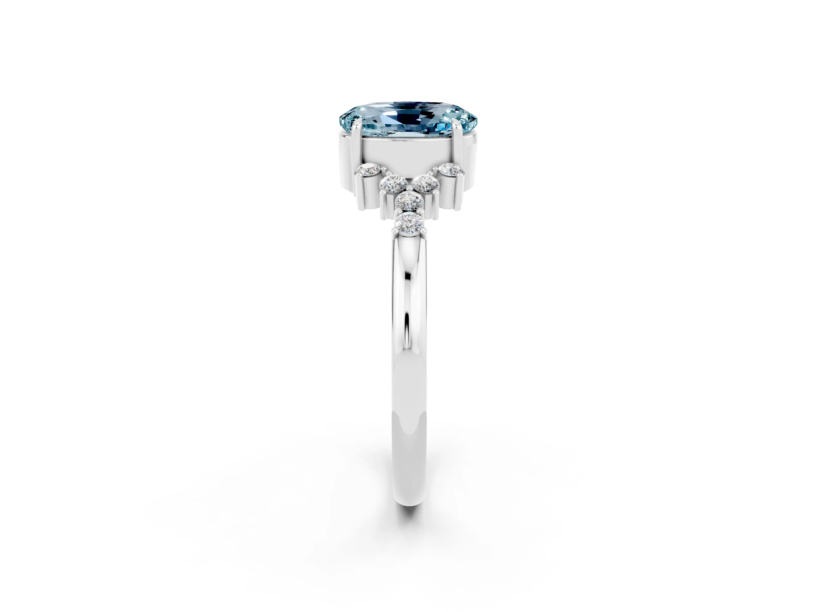 White gold Oval Cut Aquamarine Ring with Side Stones and Four-Prong Setting_95
