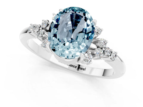 White gold Oval Cut Aquamarine Ring with Side Stones and Four-Prong Setting_97