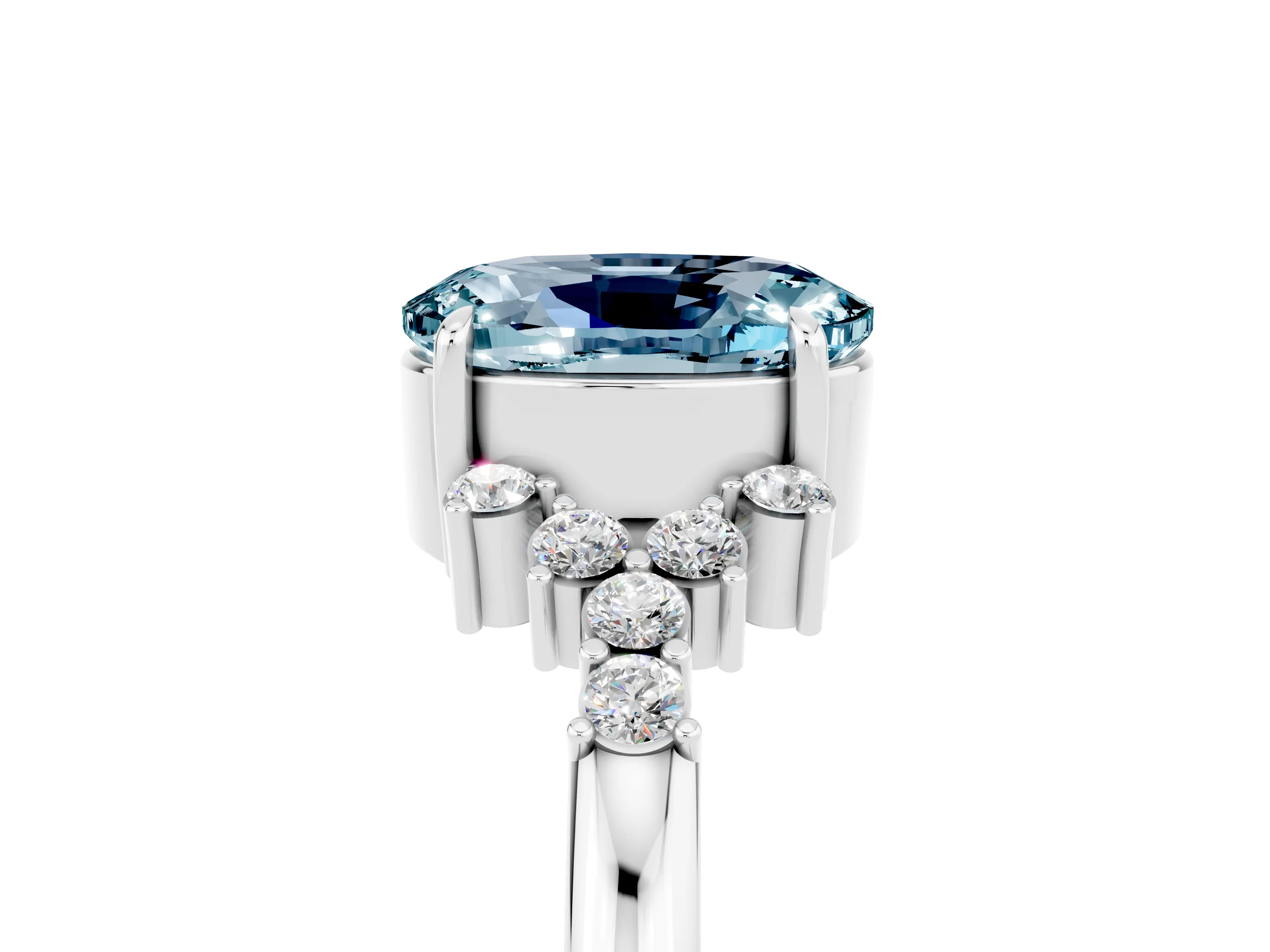 White gold Oval Cut Aquamarine Ring with Side Stones and Four-Prong Setting_98