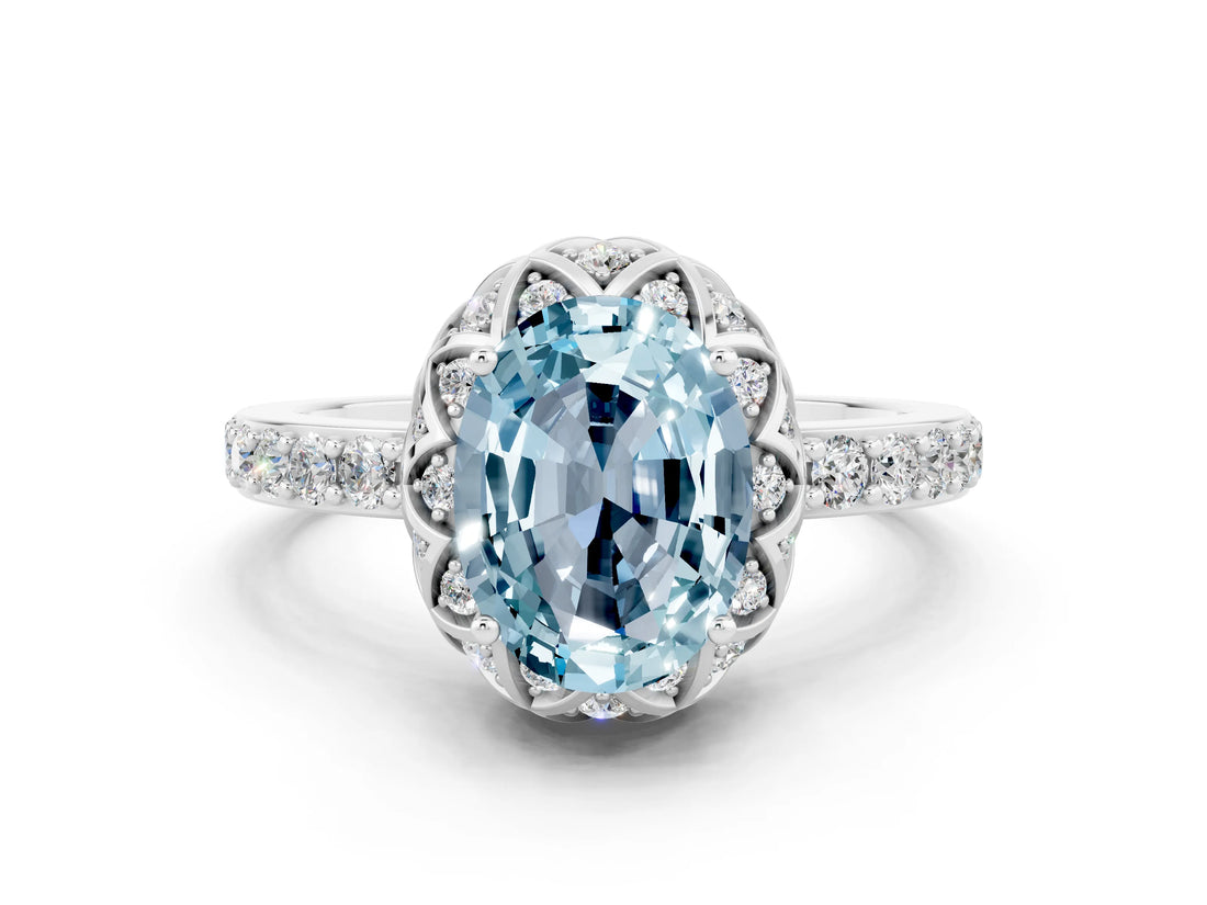 White gold Oval Cut Aquamarine Scalloped Halo Engagement Ring with Round Shared Prong Band_12
