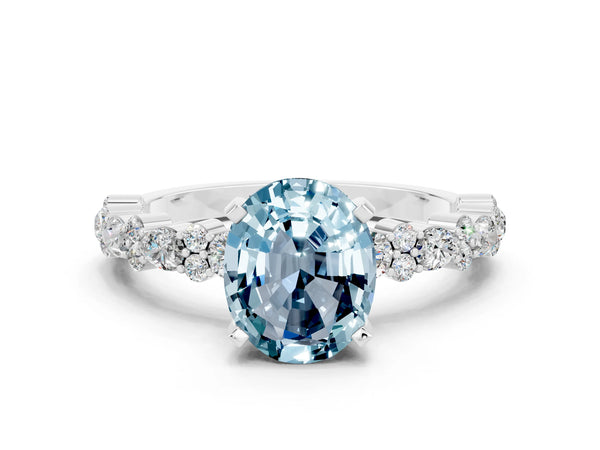 White gold Oval Cut Aquamarine Side Stone Solitaire Ring with Round  and Four-Prong Setting