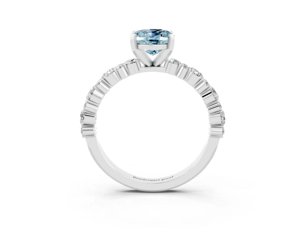 White gold Oval Cut Aquamarine Side Stone Solitaire Ring with Round  and Four-Prong Setting