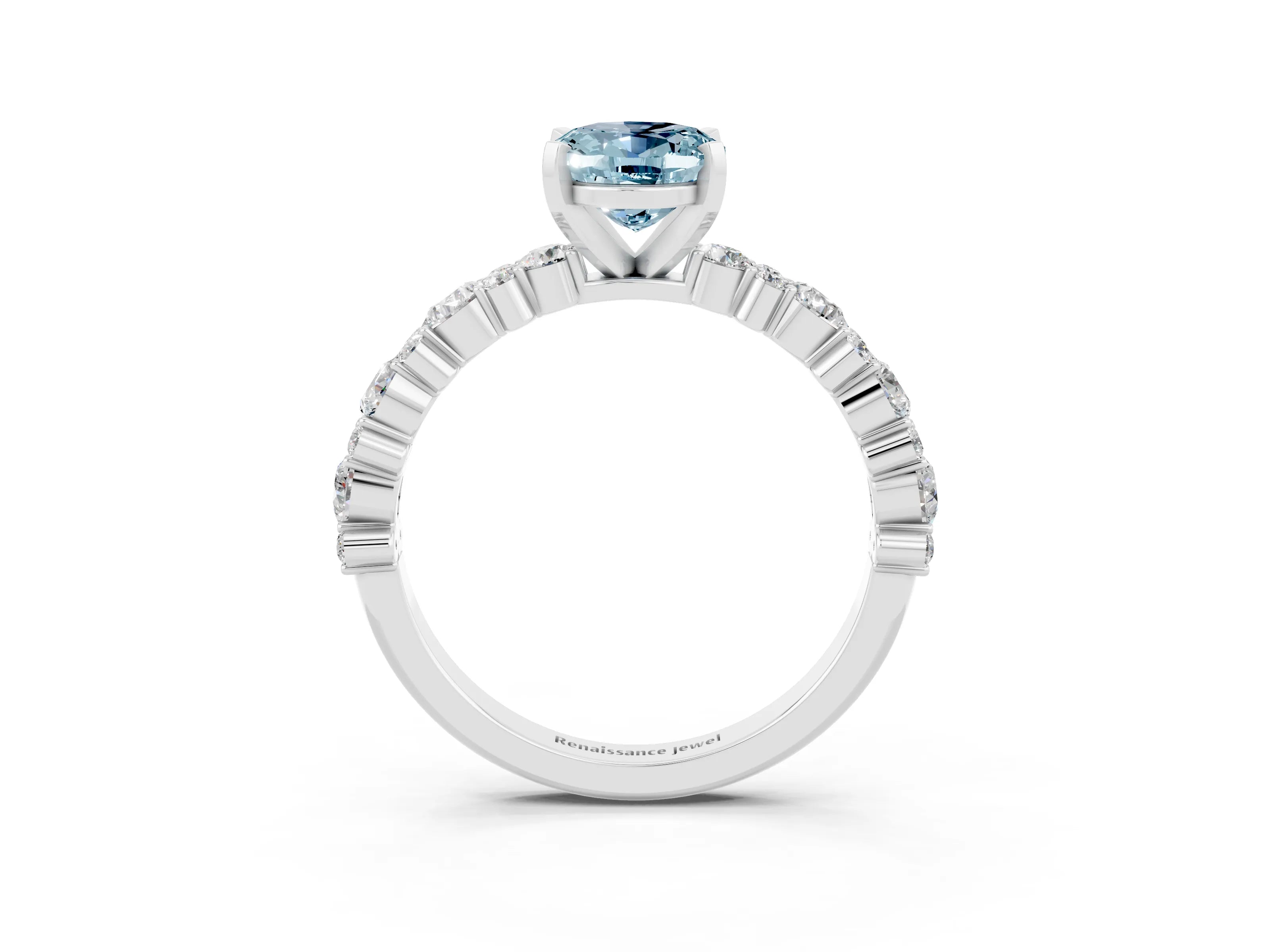 White gold Oval Cut Aquamarine Side Stone Solitaire Ring with Round  and Four-Prong Setting_51