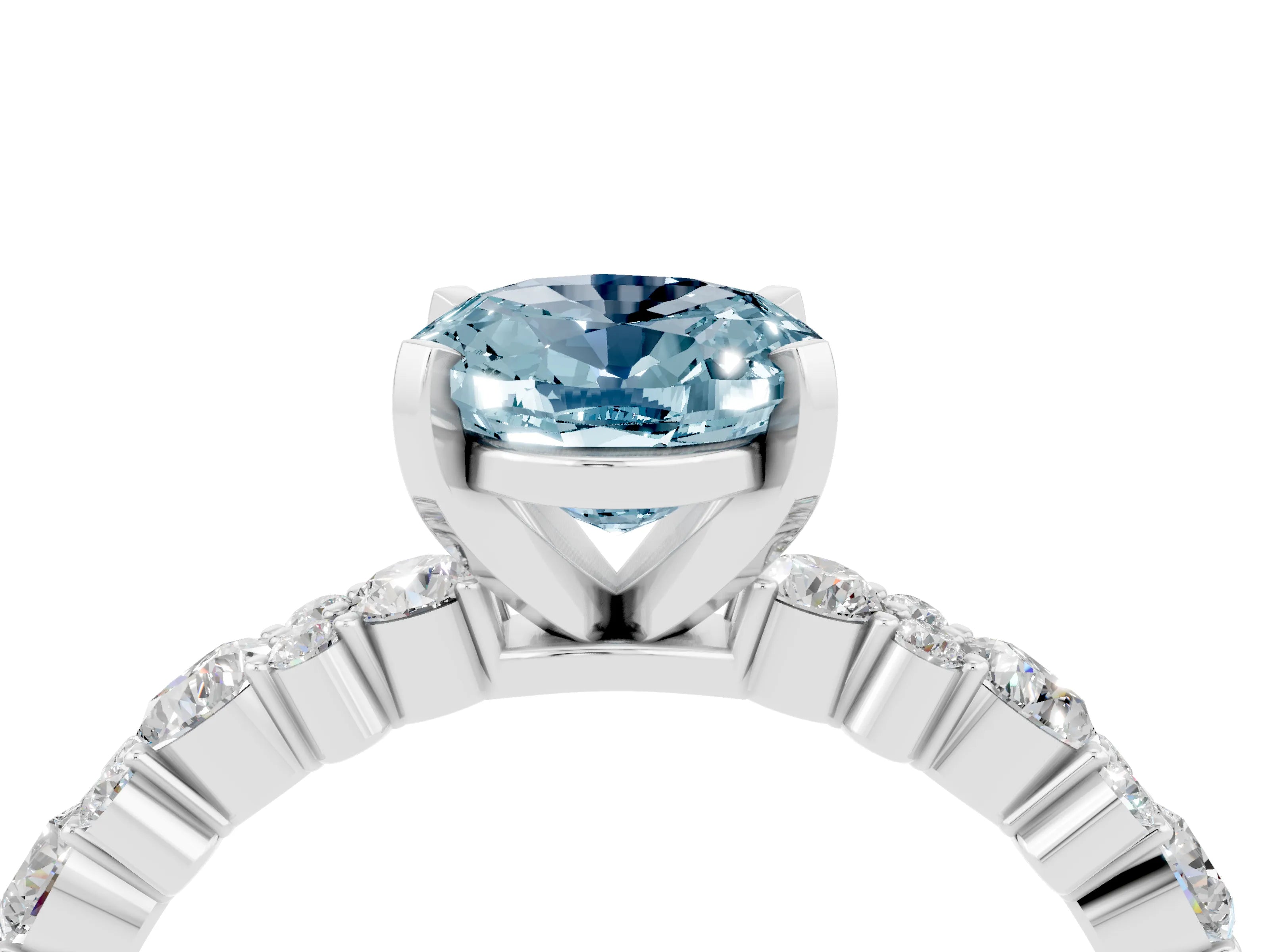 White gold Oval Cut Aquamarine Side Stone Solitaire Ring with Round  and Four-Prong Setting_52