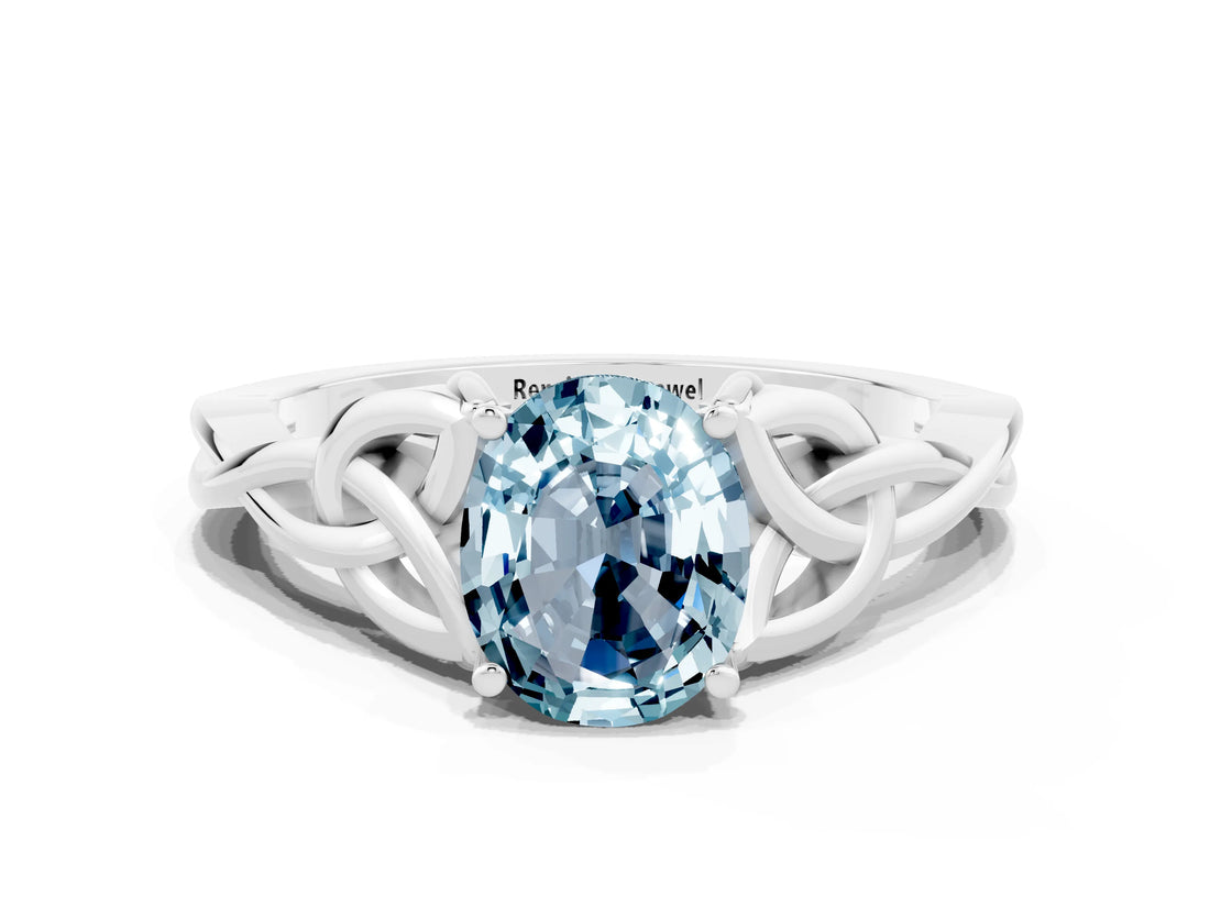 White gold Oval Cut Aquamarine Solitaire Celtic Knot Ring with Four-Prong Setting_12