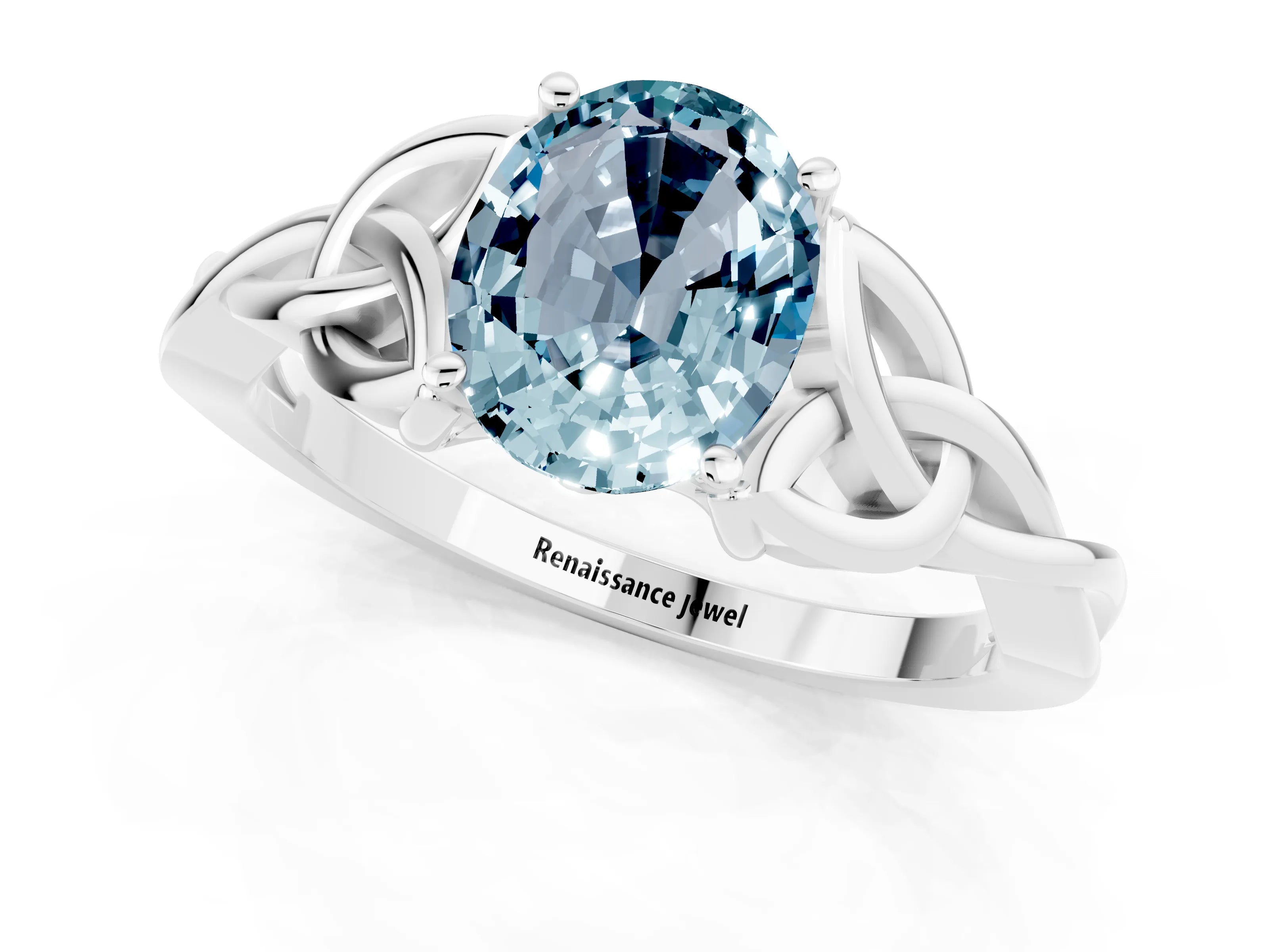 White gold Oval Cut Aquamarine Solitaire Celtic Knot Ring with Four-Prong Setting_13