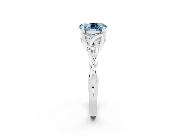 White gold Oval Cut Aquamarine Solitaire Engagement Ring with Celtic Knot Band and Four-Prong Setting