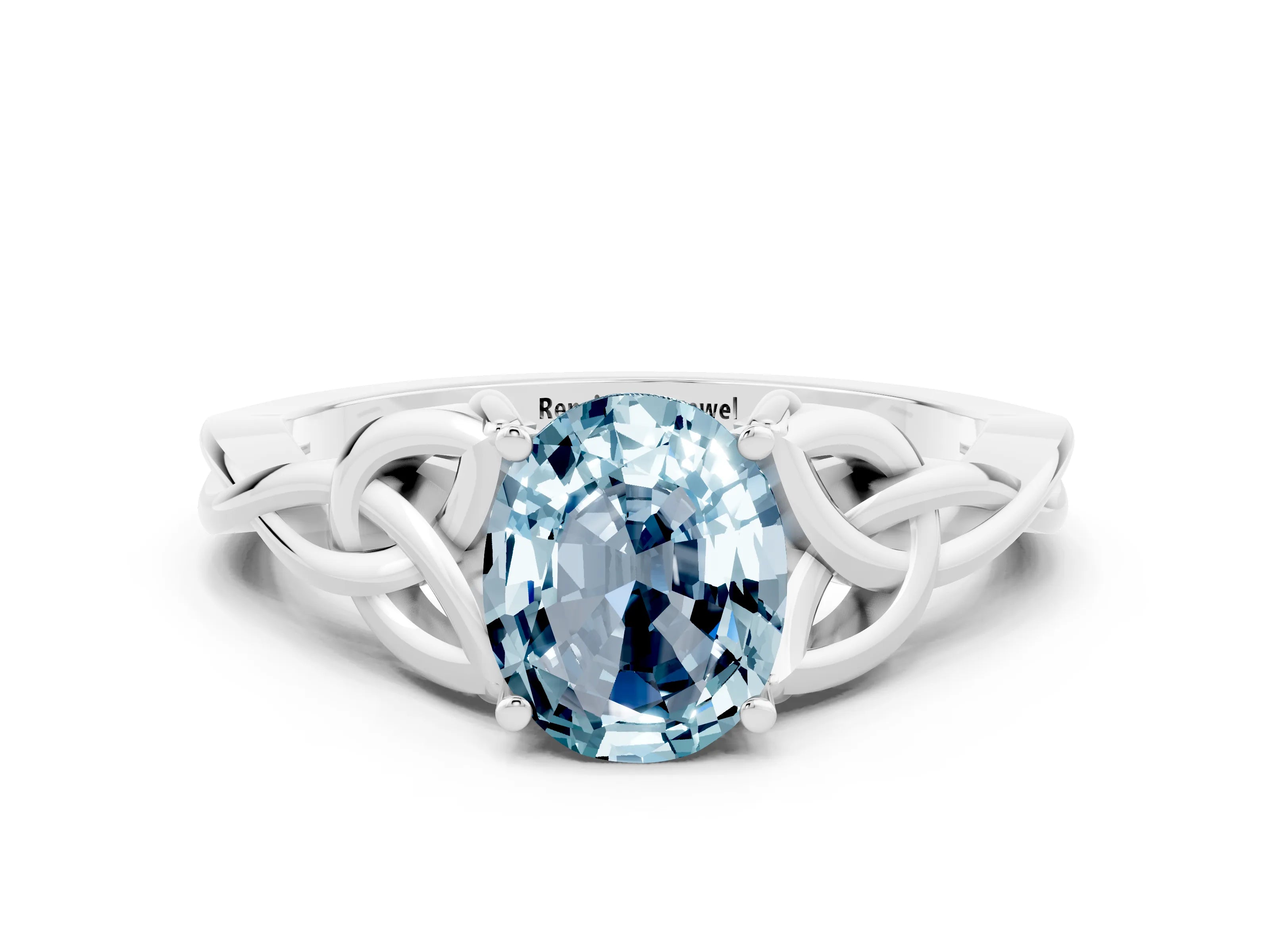 White gold Oval Cut Aquamarine Solitaire Engagement Ring with Celtic Knot Band and Four-Prong Setting